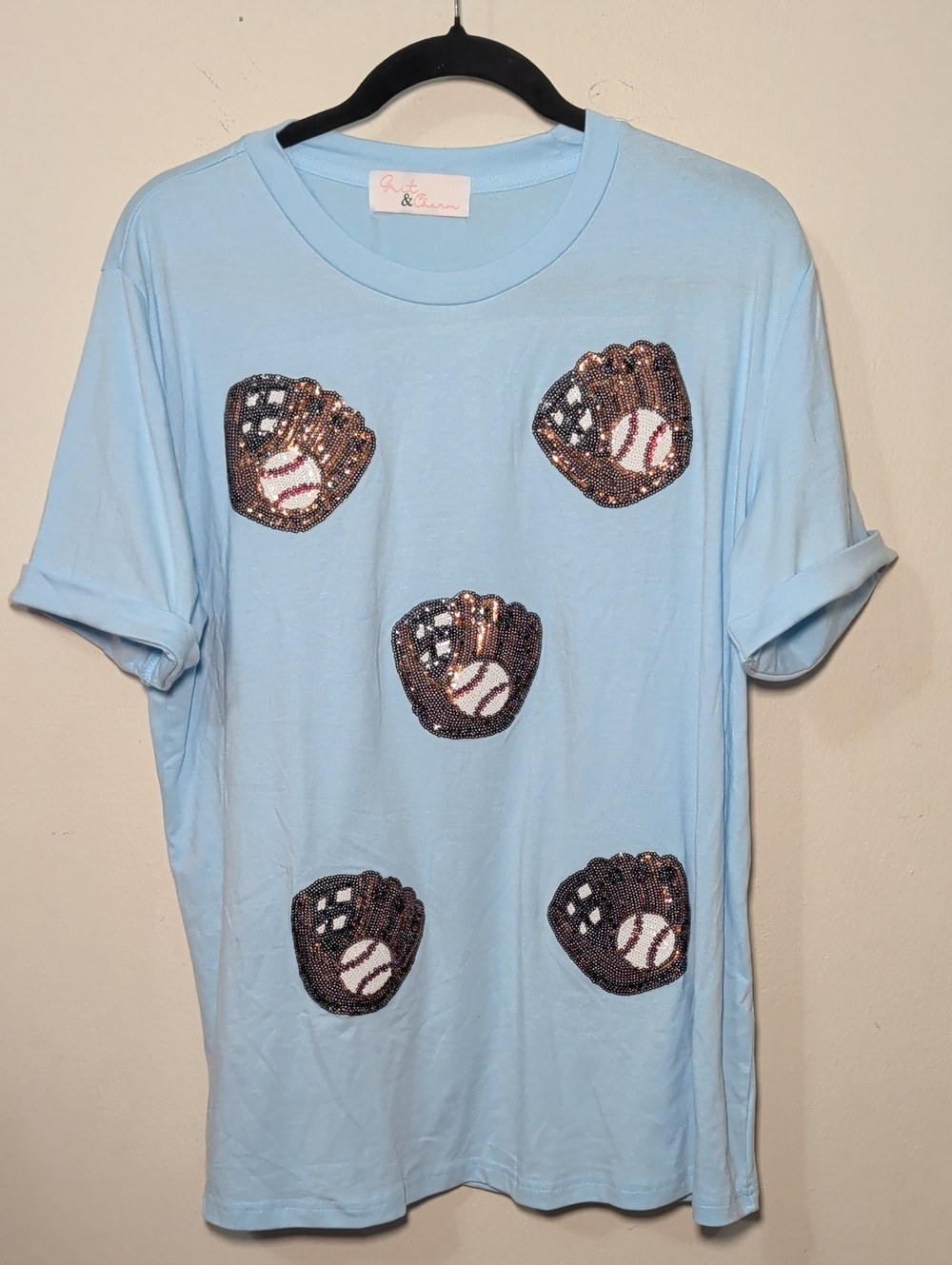Grit & Charm Sequin Baseball T-Shirt Light Blue Cuffed Sleeves Women's Size XL